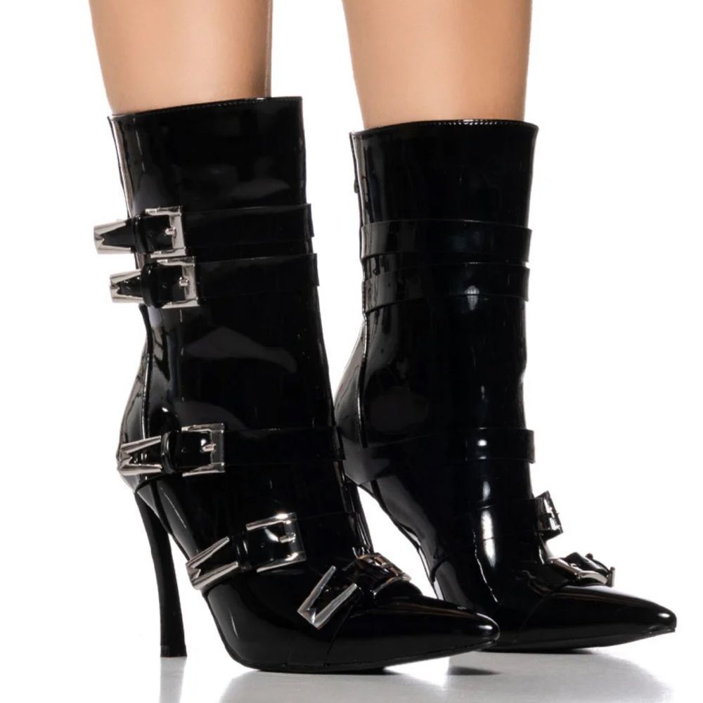 Women's Black Patent Buckle Ankle Boots - High Heel Heeled Booties